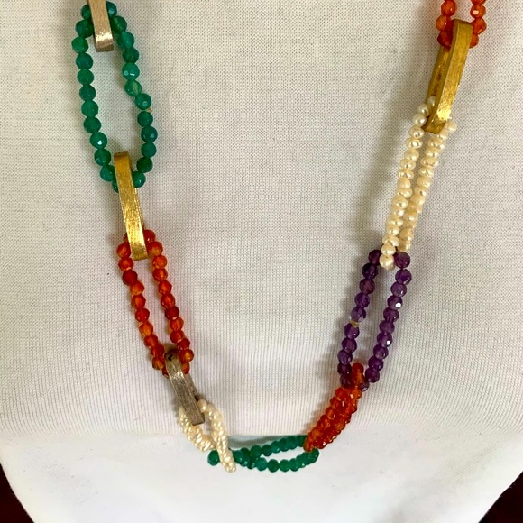 Green purple orange color semi-precious stones & pearls necklace metal bar rings - Picture 5 of 10